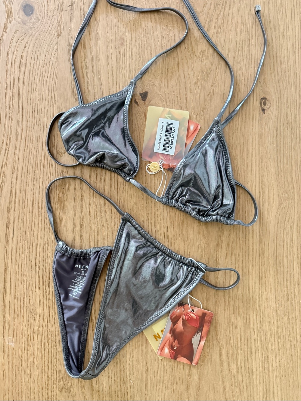 Metallic Silver String Bikini Top & Bottom +coverup/Serong